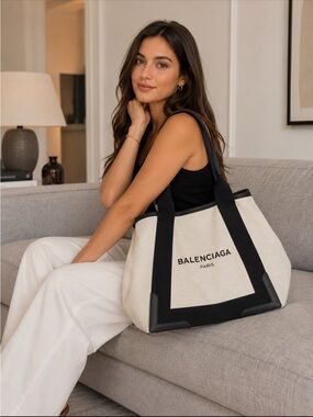 Balenciaga Black Leather & Cream Canvas Tote Bag & Zip Pouch 12X9 in